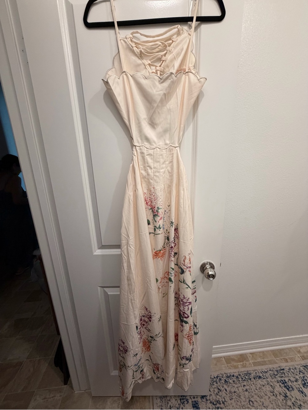 Commense Cream Floral Lace-Up Scalloped Maxi Dress
